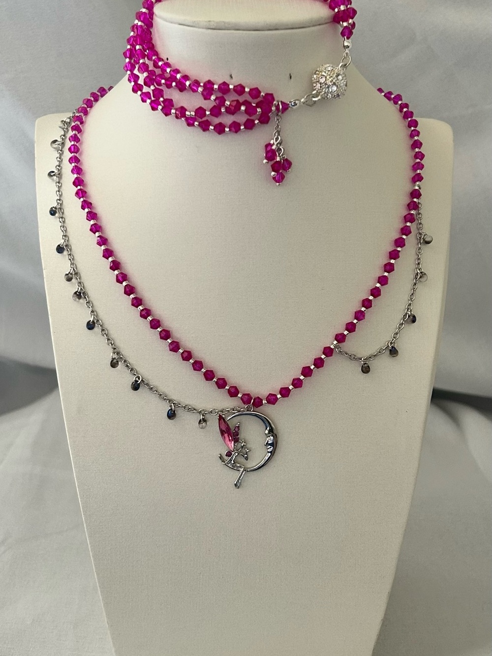 Layered Fuchsia Beaded Necklace with Silver Crescent Pendant